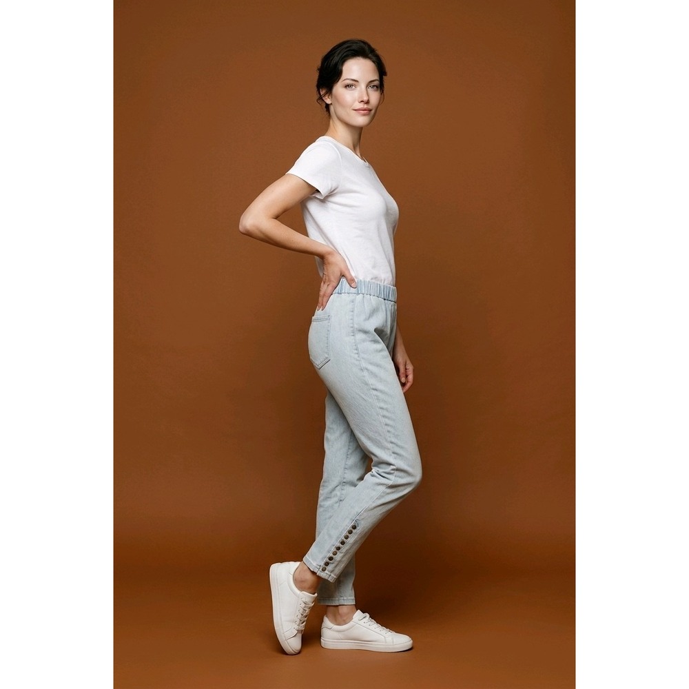 Soft Surroundings S Blue Chambray Pull On Elastic Waist Ankle Snap Pants 2AW44